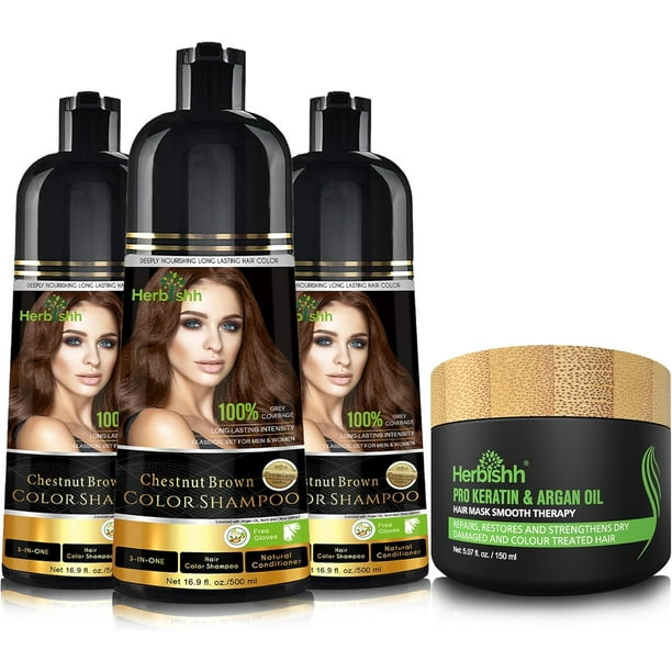 Herbishh Ultimate Shampoo Kit (3pcs Dye + 1 Argan Mask) for Smooth, Long-Lasting Grey Hair Color - Men & Women (Chestnut Brown)