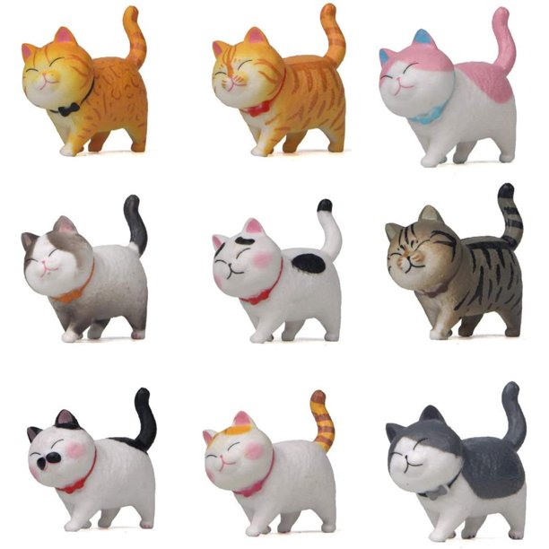 9 figuras lindas de gatos en miniatura, personajes de gatos animales, minifiguras de juguetes coleccionables, decoración de pasteles, plantas, decoración de automóviles (segunda generación)
