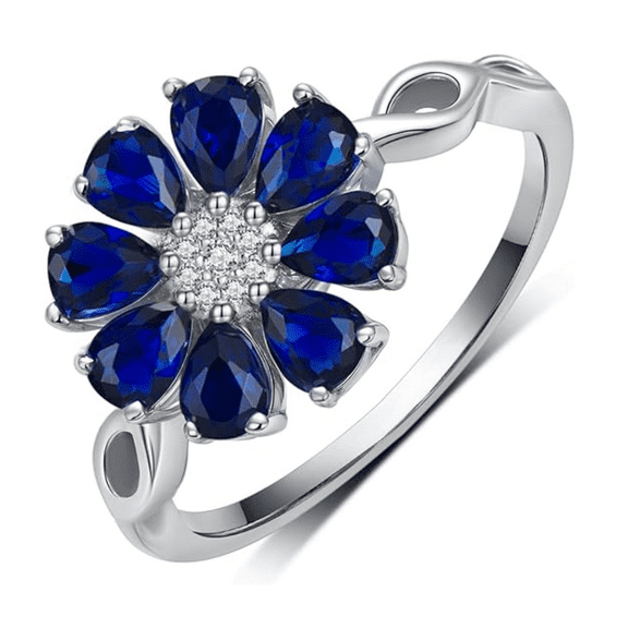 Pear Cut Blue Sapphire Floral Ring in 925 Sterling Silver - Bridal Wedding Ring - Birthday Gift