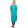 thumbnail image 1 of Bimba Women's Designer Peacock Feather Embroidered Cotton Aqua Blue Kurti - 6, 1 of 9