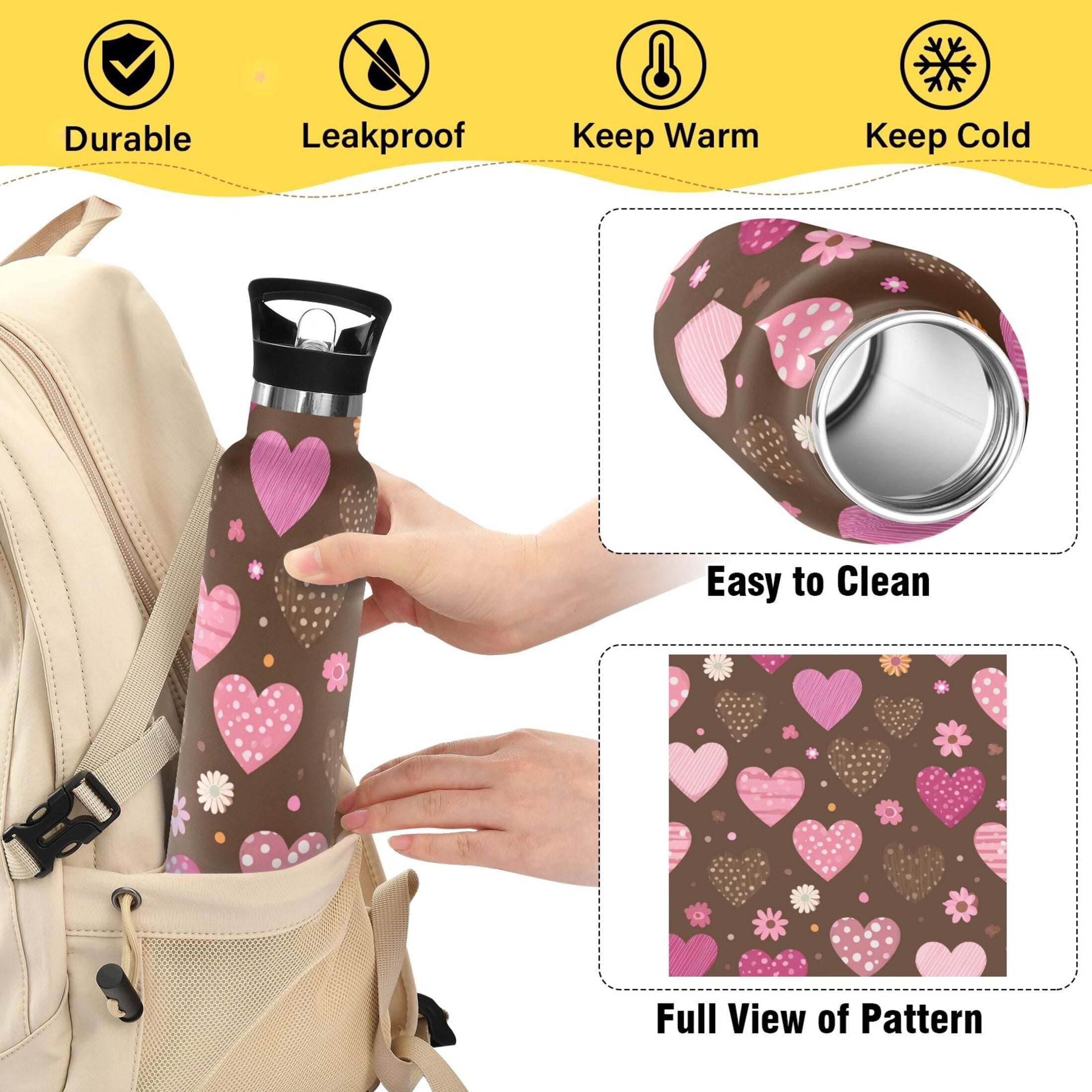 Kids Insulated Stainless Steel Sports Water Bottle 600ml Pink and Brown Hearts Pattern