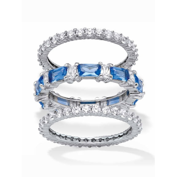 PalmBeach Jewelry Cubic Zirconia and Simulated Blue Sapphire 3-Piece Eternity Ring Set 8.74 TCW Platinum-Plated