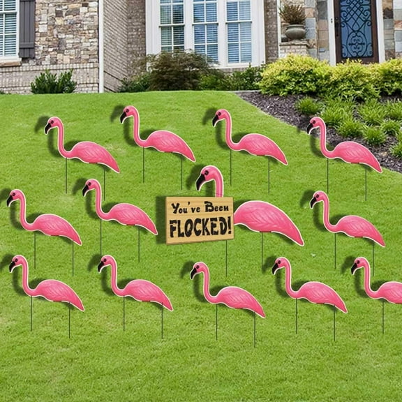 Pink Flamingo Yard Sign Decorations, You've Been Flocked Set.