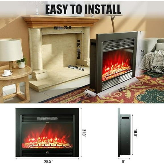ARLIME Electric Fireplace, 28.5 Inch Firebox Heater, 750/1500W Wall Firebox with Remote Control, 3 Color Flames, 5 Brightness Settings 8H Timer, Electric Fireplace Inserts for RV