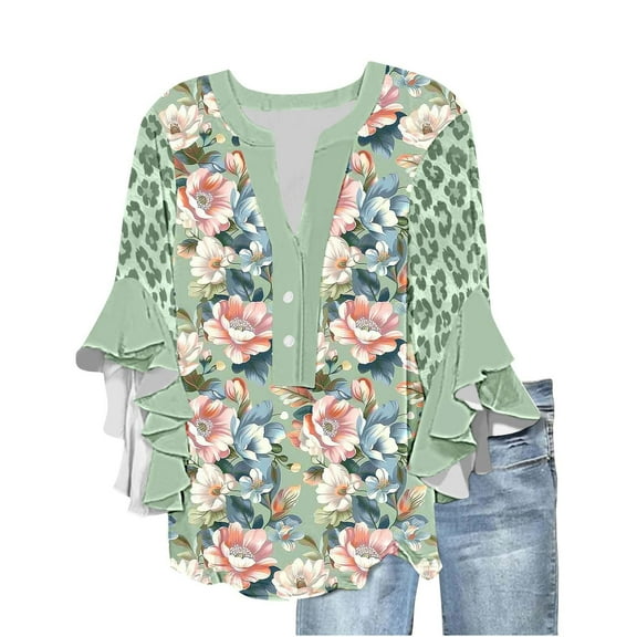 bnaln Womens Tops 3/4 Sleeve Elegant Flowy Shirts Boho Floral Printed Tshirts V Neck Babydoll Tops Loose Fit Pullover Casual Blouse Beach Vacation Fall Fashion Clothes Trendy Outfit