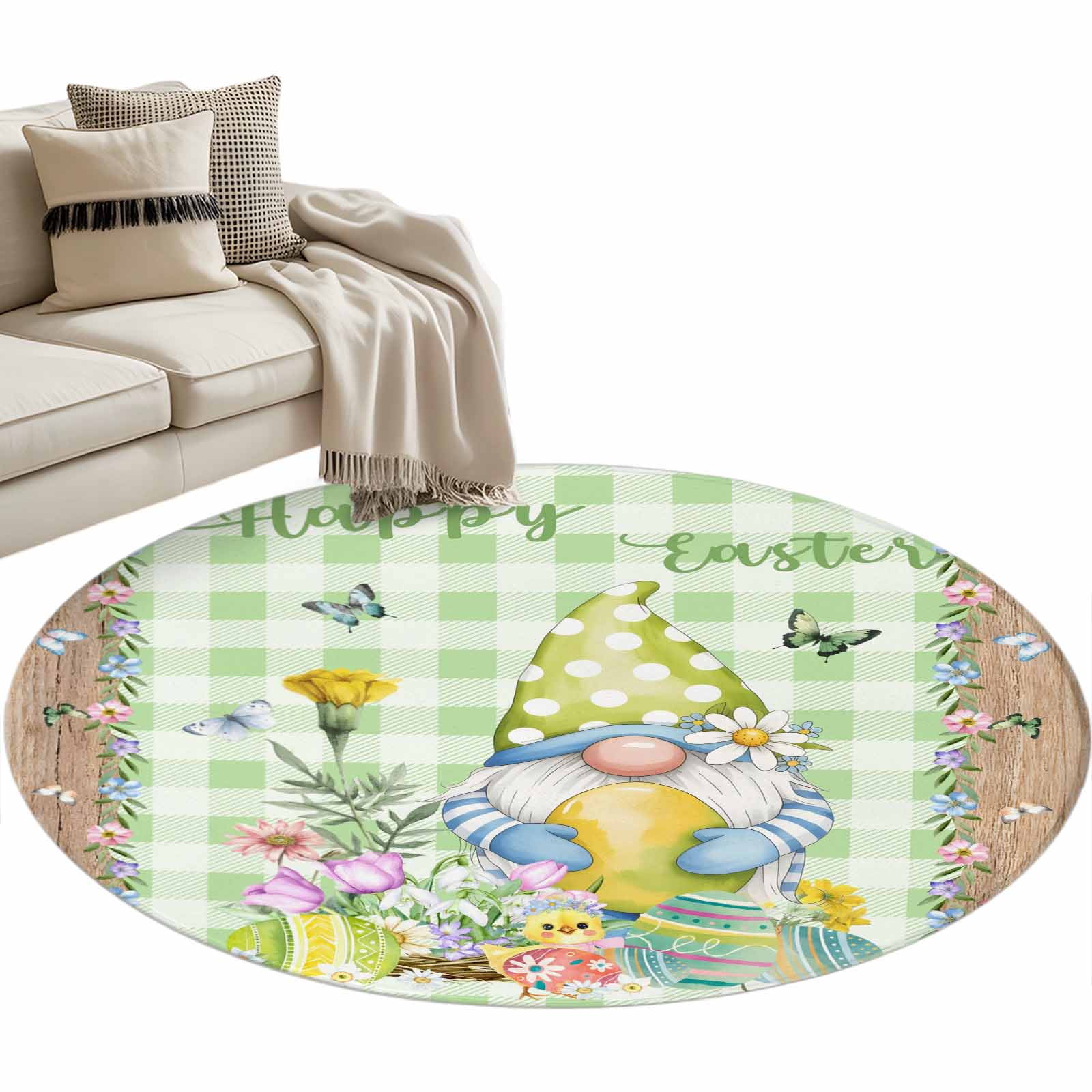 Round Area Rug 3ft Happy Easter Eggs Butterfly Non-Slip Non-Shedding Floor Mat Green White Plaid Washable Sturdy Carpet for Living Room Bedroom Home Decor