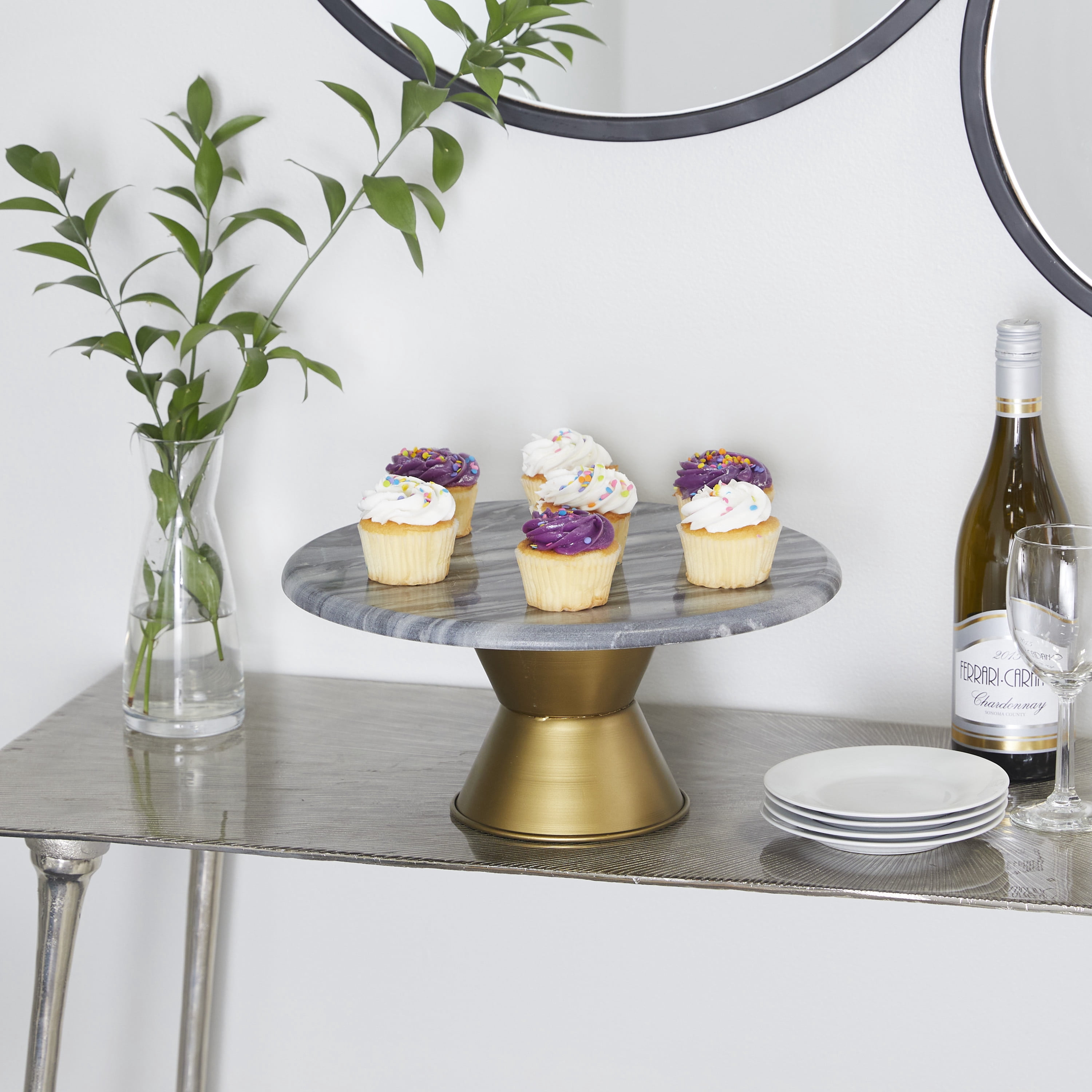CosmoLiving by Cosmopolitan 14" x 7" Gray Ceramic Cake Stand with Gold Base, 1-Piece
