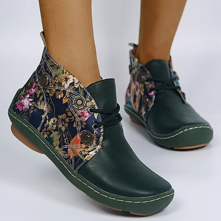 

TUTUnaumb Winter Hot Sale Clearance Retro Women Leather Flat Lace-Up Flower Print Short Booties Round Toe Shoes for Party/Wedding/Leisure-Green
