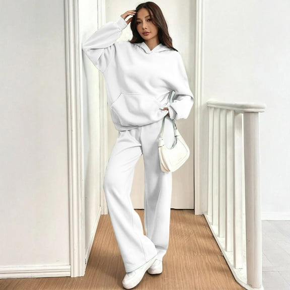 Huankd Sweatsuits Women 2 Piece Outfit Fleece Oversized Hoodie Wide Leg Sweatpants Track Suits Matching Lounge Pants Sets White M