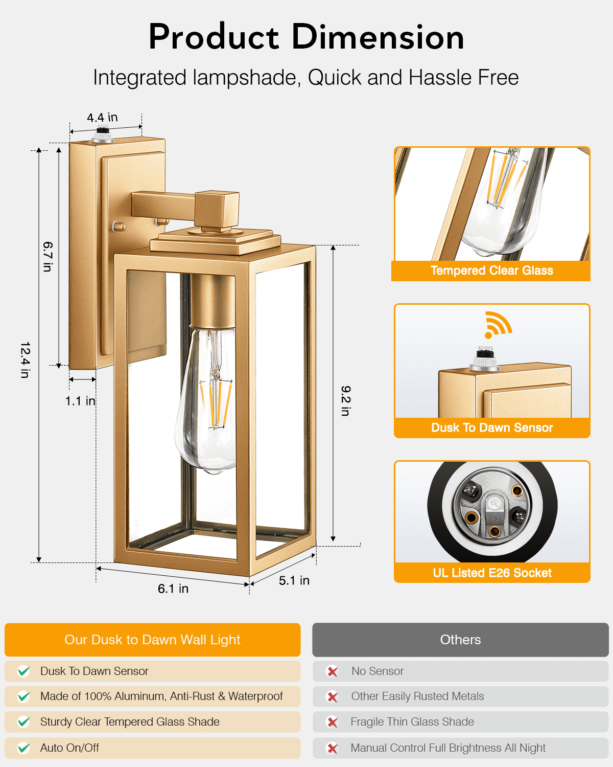 VIANIS Gold Outdoor Wall Light Dusk to Dawn , Exterior Wall Mount Sconces Lanterns Fixture for House, Golden Waterproof Aluminum Outside Wall Lamps for Patio, Porch Lighting for Garage Entryway