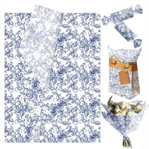 Blue Floral Tissue Paper - Elegant Party Decor & Gift Wrapping Artistic Craft Supplies