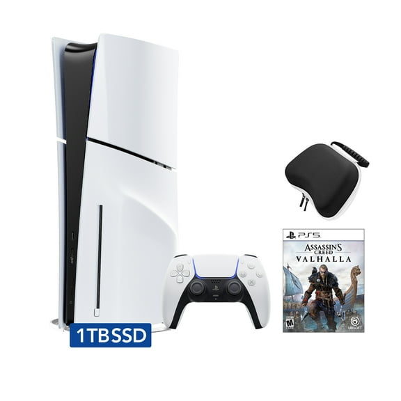 PlayStation 5 Slim Disc Edition Bundle with Assassin's Creed Valhalla and Controller Case - PS5, White