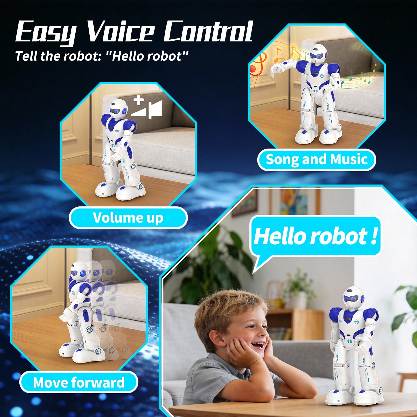 Ficcug Kids Remote Control Intelligent Robot Toys,Voice Control Programmable Educational Smart Robot,Perfect Gift for Boys 4 5 6 7 8+,Blue