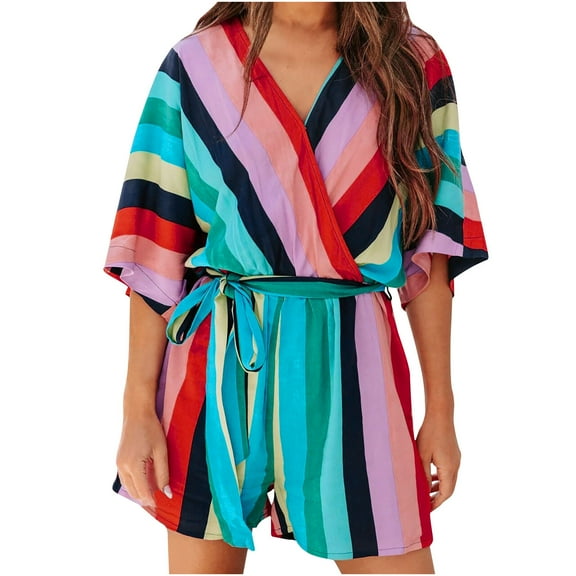 Women's Summer One Piece Jumpsuits V Neck Stripe Print Short Sleeve Tie Waist Casual Loose Wede Leg Shorts Romper Ladies Clothes