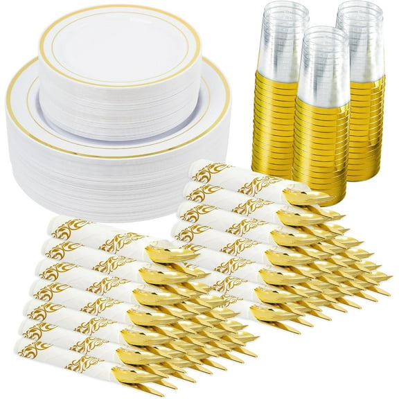 350 Pieces Gold Disposable Plates for 50 Guests, Plastic Party, Wedding, Dinnerware Set of Dinner Plates, Salad Plates,50 Cups and Paper Napkins, Guests
