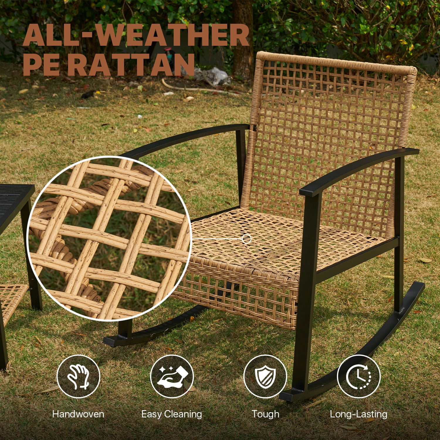 BaPiPro 3-Piece Outdoor Rocking Chair Set, All-Weather PE Wicker Patio Furniture with Water-Resistant Cushions, Rust-Proof Steel Frame, 2-Tier Coffee Table, for Porch Backyard, Off-White