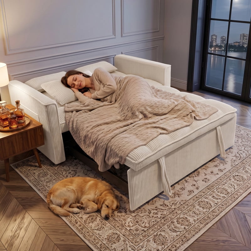 Anpport 54" 3‑in‑1 Convertible Sleeper Sofa Bed, Corduroy Pull‑Out Couch with Adjustable Backrest, Side Pockets & 2 Pillows for Small Spaces, Beige