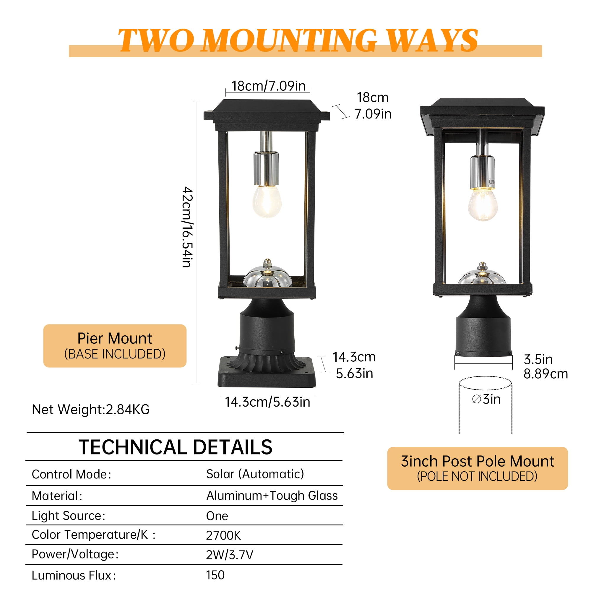 Dusk to Dawn Outdoor Post Light with Pier Mount Base and Glass Panels, Hardwired Aluminum Pole Lamp for Garden, Black