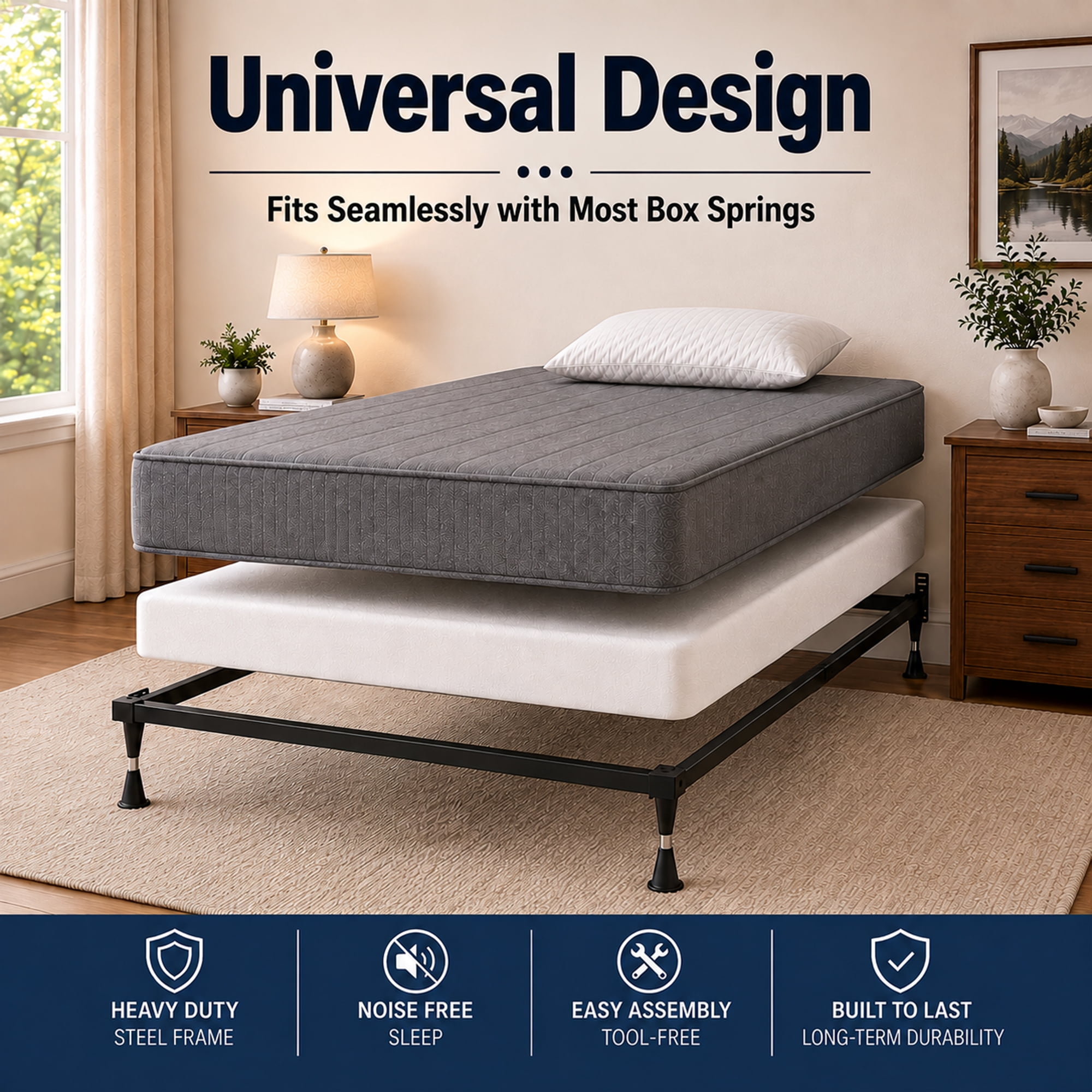 Continental Sleep, Advanced Metal Bed Frame for Box Spring and Mattress, Headboard Attachable, Noise-Free, Tool-Free Easy Assembly, 4-Legs Support, Full, Black