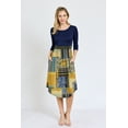 thumbnail image 4 of Navy 3/4 Sleeve Mustard Patchwork Midi Dress with Olive Band | S-3X, 4 of 7