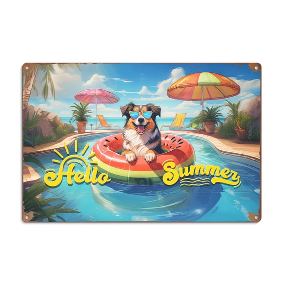 Hello Summer Australian Shepherd Pool Day on Watermelon Float Horizontal Metal Aluminum Sign Aussie Dog Lover Gifts Wall Art Home Decor - 13008