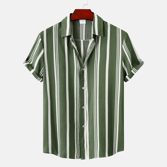 SXCXLSA Striped Shirt For Mens Loose Short Sleeve Collar Button Down Shirt Lightweight Business Work Office Tops Army Green XL