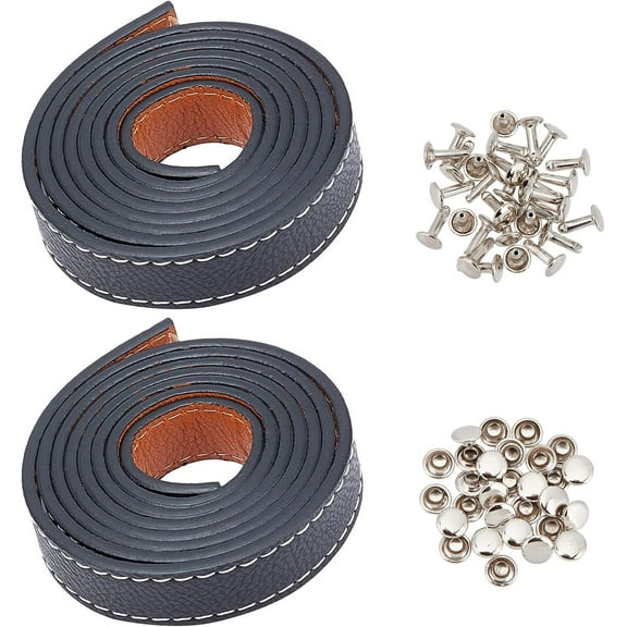 2 Rolls Leather Strips 47.2 Inch Thick Leather Belts Black DIY Leather Handicraft Bag Strap Durable Watch Strap with Rivets for DIY Arts Craft Project Clothing Jewelry Wrapping 0.37 Inch Wide Black