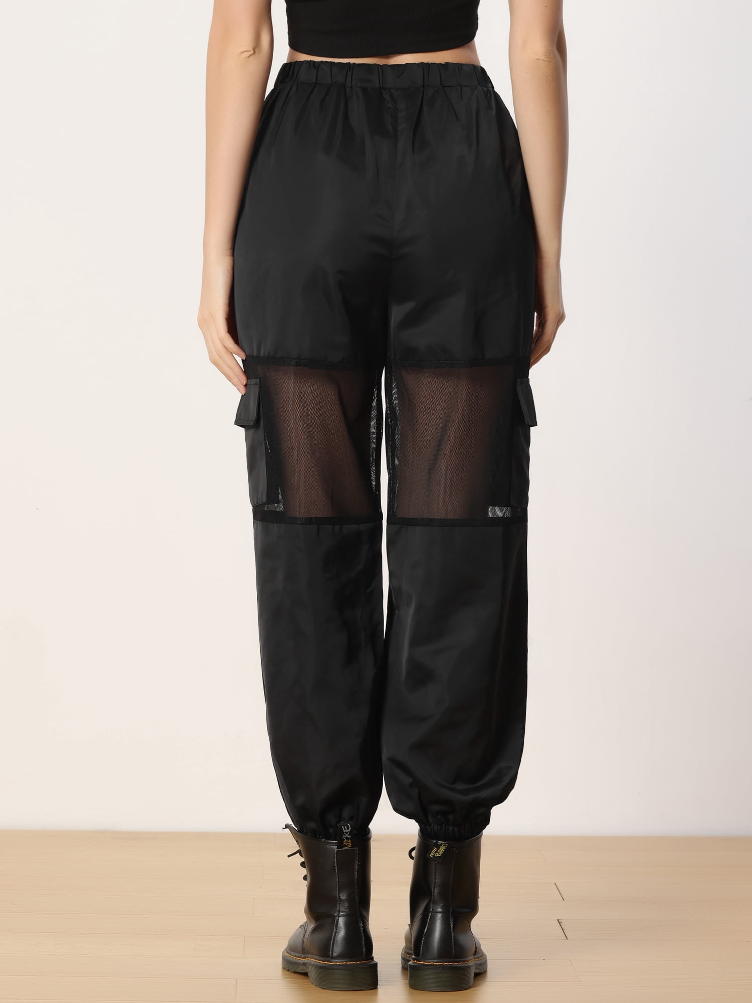 DARING DIVA Women's High Waist Mesh Panel Sheer Baggy Cargo Pants XL Black