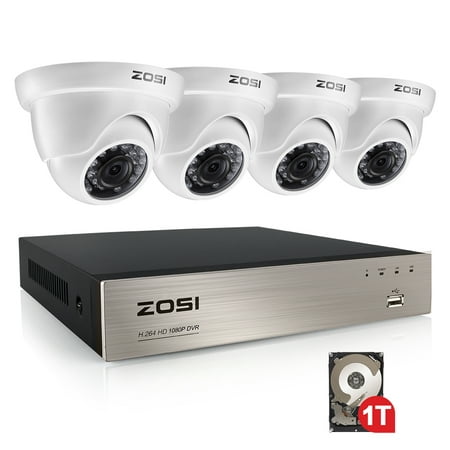 ZOSI 1080p w/ Dome Outdoor Security Camera System, 4 Weatherproof HD Security Cameras, 4 Channel 1TB DVR Storage, Customizable Motion