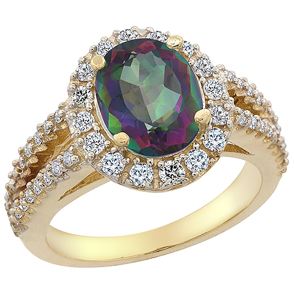 14K Yellow Gold Natural Diamond Mystic Topaz Engagement Ring Oval 10x8mm, size 5 by Gabriella Gold