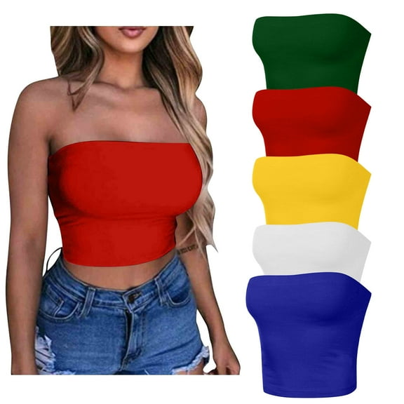 Wiyuqeen 5 Pack Women's Basic Tube Tops Built in Bra Strapless Crop Tops Solid Bandeau Sporty Tank Tops Summer Outfits