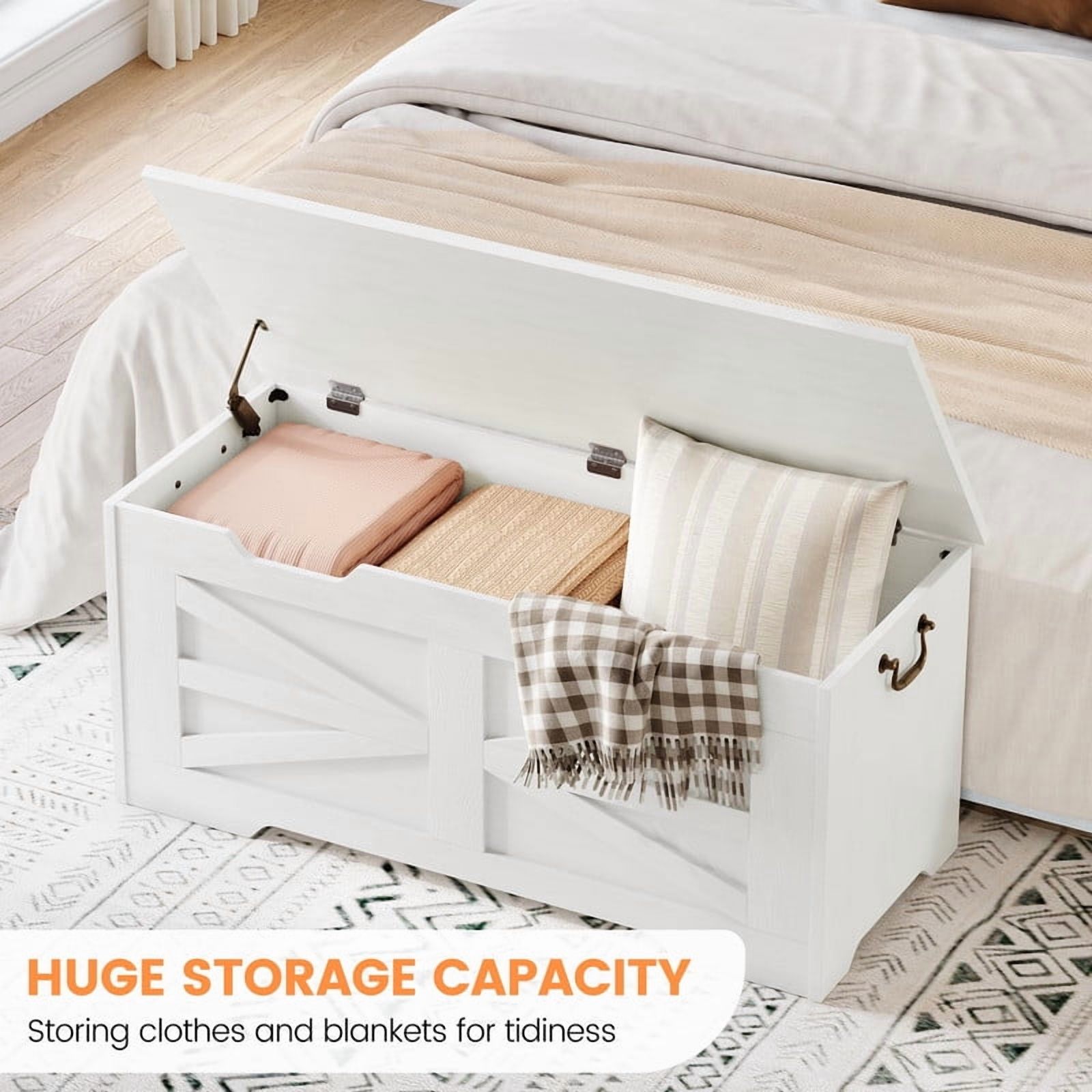 39.4" Storage Chest for Bedroom, Farmhouse Storage Trunk Toy Chest Box with Safety Hinge, Wooden Storage Bench for Living Room, Entryway, Supports 350 lbs, White