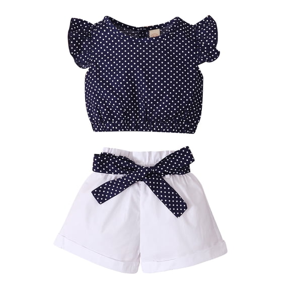Mercatoo Baby Kids Girl's Clothes Polka Dot Print Fly Sleeve Casual Cropped Tops Solid Color Bowknot Shorts 𝐂ostume for Girls