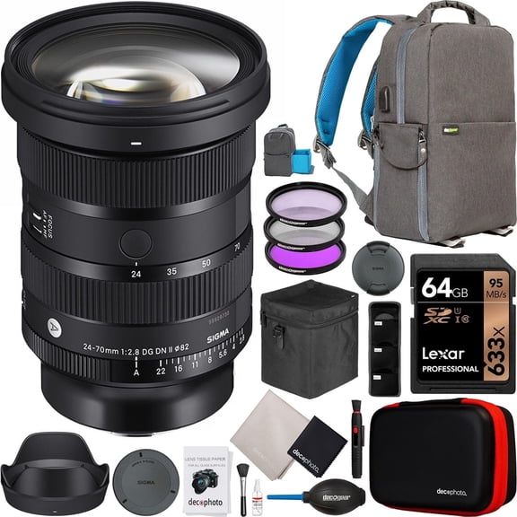 Sigma 24-70mm F2.8 DG DN II Art Lens for Sony E-Mount Full Frame Mirrorless Cameras 57A965 Bundle with Deco Gear Photography Backpack   Filter Kit   64GB Card   Photo Video Accessories