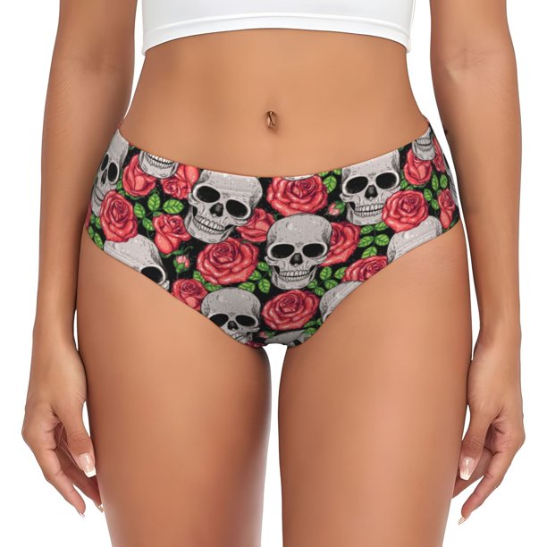Fotbe Skull and Roses Calzones Estampados para Mujer – Ropa Interior de Algodón, Cómoda, Suave y Elástica-X-Large