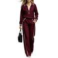 thumbnail image 2 of WULMLEO Women 2 Piece Tracksuit Set, Half Zip Polo Collar Long Sleeve Top Striped Trim Elastic Waist Wide Leg Pants With Pockets Casual Matching Outfits Wine XL, 2 of 5