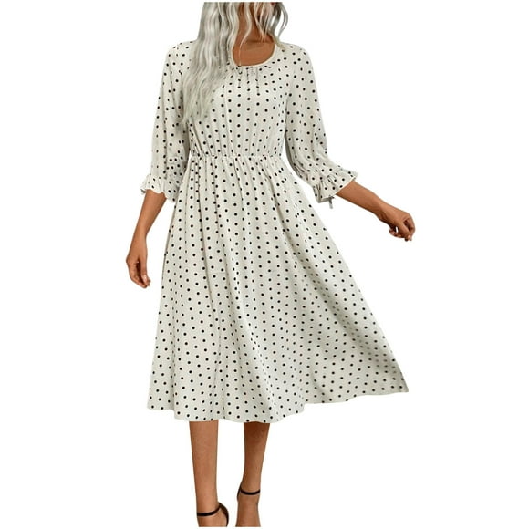 LOVZFMLL Summer Dresses for Women Crew Neck Bell Sleeve Casual Polka Dots Midi Dresses Work Fit Wedding Guest Dresses Beige L