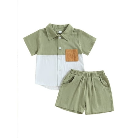 

Springcmy Toddler Baby Boys Clothes Set Cotton Linen Short Sleeve Button Down Shirt Top and Shorts 2PCS Summer Outfit C# Green 3-4 Years