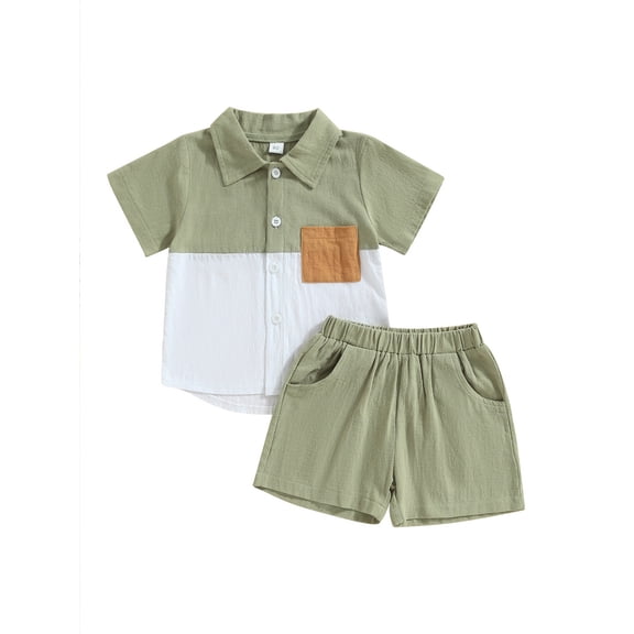 LMLYSoH Kids Boys Summer Clothes Outfits Contrast Color Short Sleeve Pocket Turn-Down Collar Tops Solid Color Shorts 2Pcs Suit