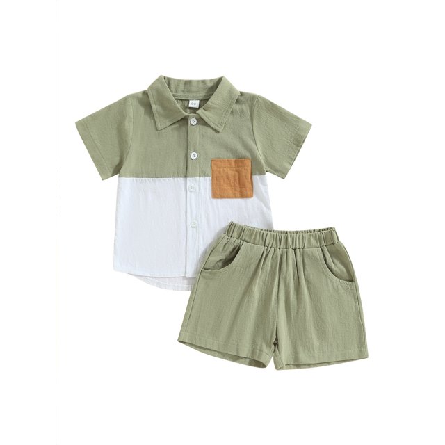 Faithtur Vêtements d'Été pour Garçons Ensemble 2 Pcs Col Rabattu Manches Courtes Poche Couleur Contrastée Shorts Couleur Unie