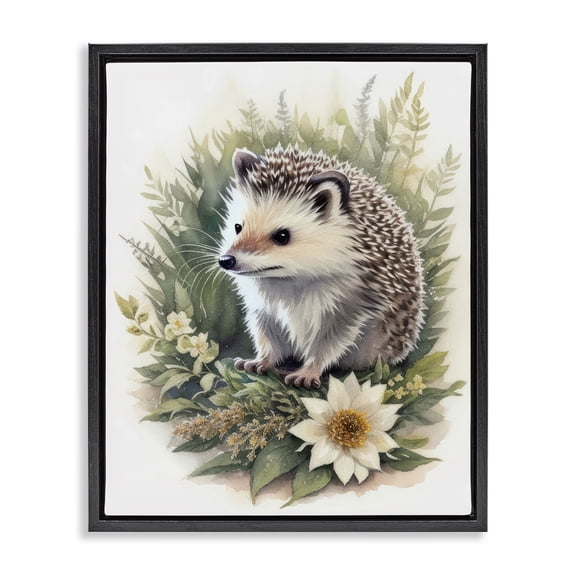 Stupell Industries Traditional Hedgehog & White Flower Black Floating Frame Canvas Art, 17 x 21, by Denise Dundon