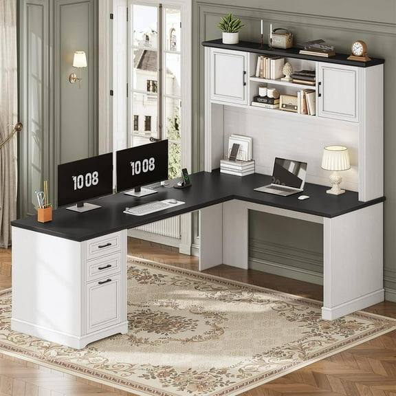 Farmhouse L Shaped Desk with Hutch and 3 Drawers, 68.9" Executive Office Desk with Power Outlet Open Shelves, Elegant Corner Desk Computer Desk with Storage Shelves for Home Office, White