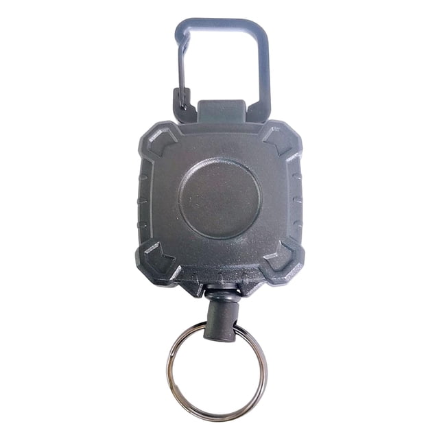 Llavero retráctil negro con cable telescópico, fácil de enganchar al cinturón y porta credencial. Cuadrado