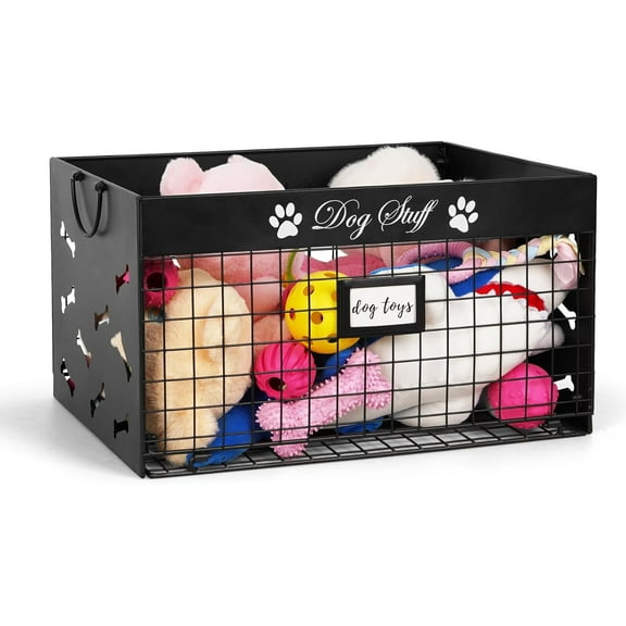 Dog Toy Basket - Large Dog Toy Box with Handles and Label Position Design for Living Room, Metal Dog Toy Bin Storage for Dogs Chew Pets Toys, Blankets, Clothes, Food (Black)
