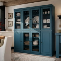 Palace Imports 100% Solid Wood Kitchen Pantry Storage Cabinet with Solid, Clear Glass Doors and Adjustable Shelves, Teal Blue