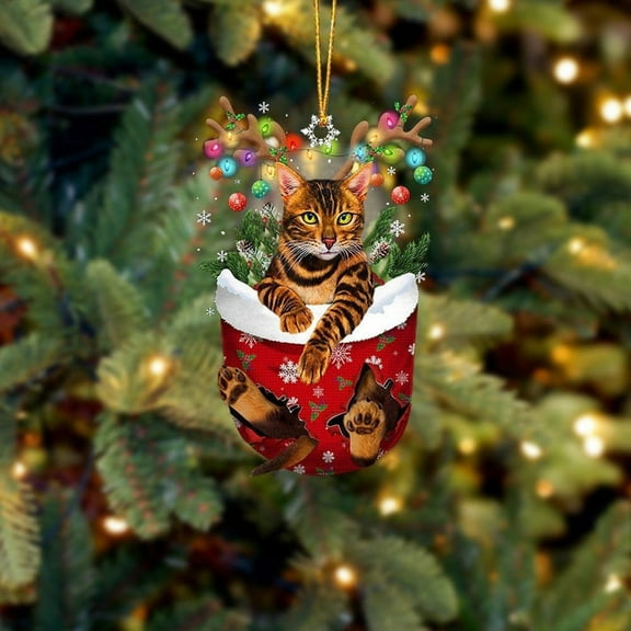Acrylic 2D FLAT - Cat Bengal In Snow Pocket Christmas Ornament Flat Acrylic Cat Ornaments - Holiday Tree Decoration
