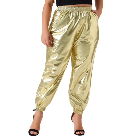 DARING DIVA Women's Plus Jogger Pants Metallic Shiny Stretchy Trousers 1X Gold