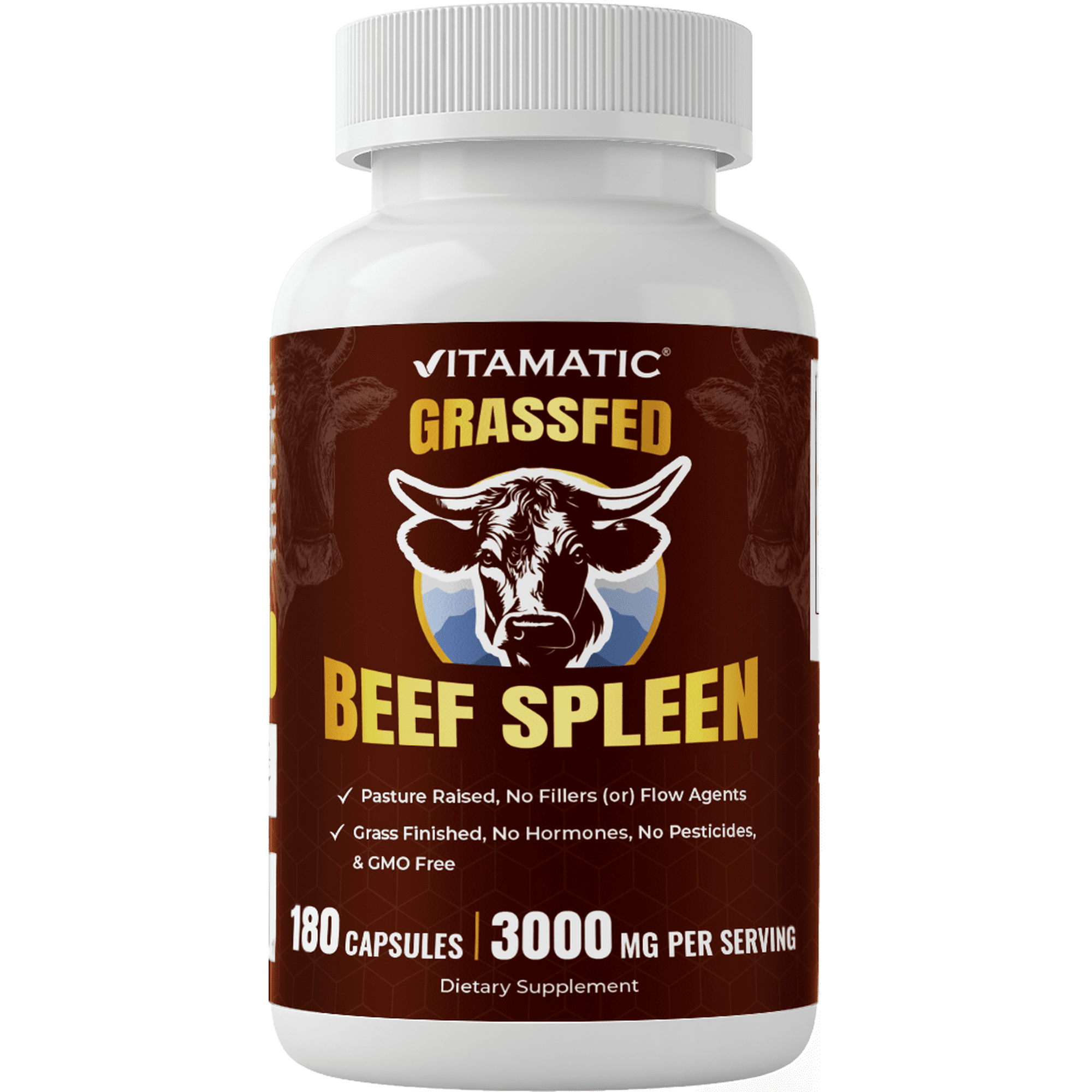Vitamatic Grass-Fed Beef Spleen 180 Capsules – Freeze-Dried, Non-GMO, Bovine Supplement – Pasture-Raised, Glandular-Based Formula (180 Capsules, Spleen)