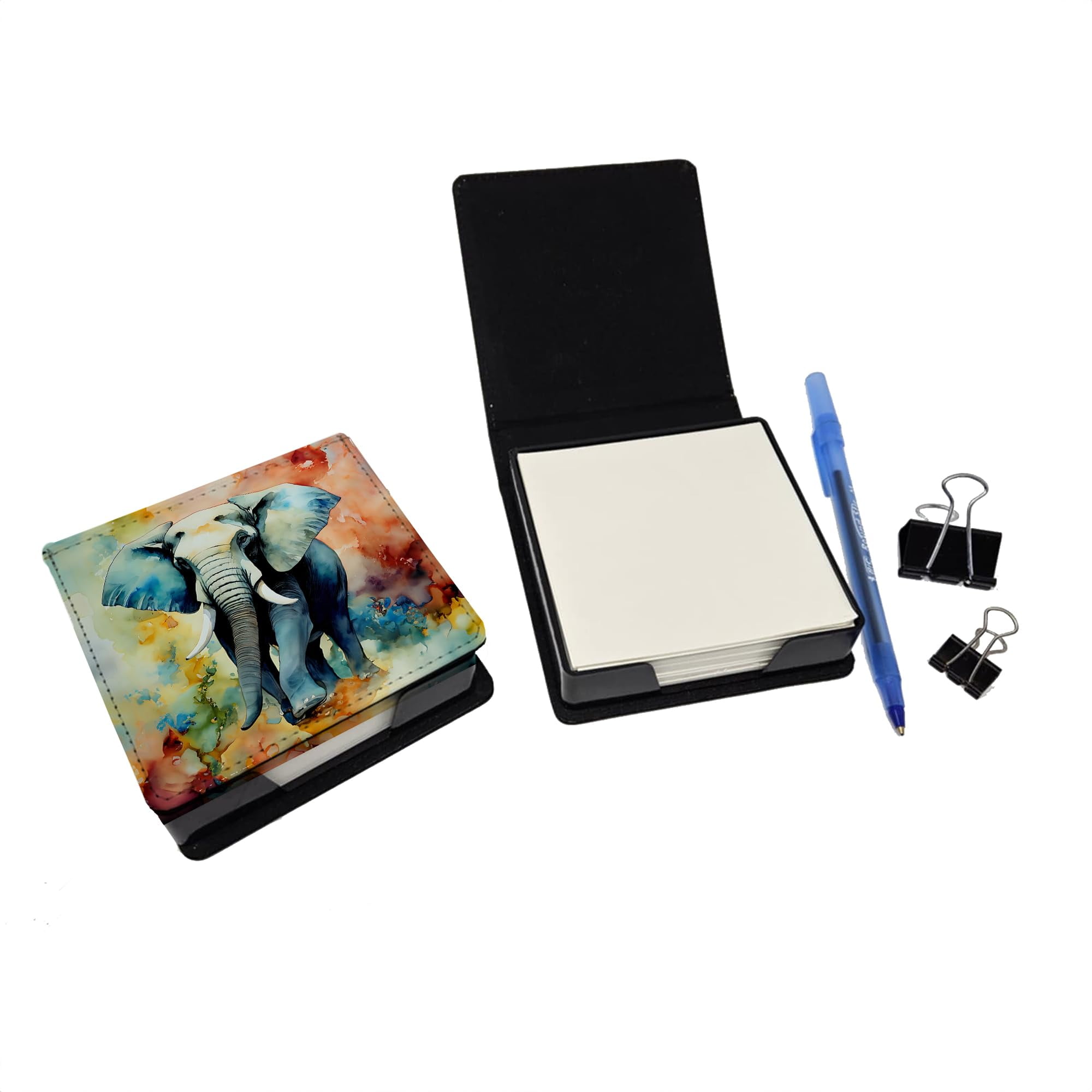 Caroline's Treasures Elephant PU Leather Note Paper Holder with Artist-Designed Cover, Desk Accessory, Office Gift