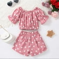 thumbnail image 4 of KVPLBQFD 2 Piece Set for Girls Off Shoulder Ruffle Trim Short Sleeve Elastic Waist Bowknot Shorts Outfit Kids Trendy Heart Print Sets Toddler Summer Clothes, 4 of 7